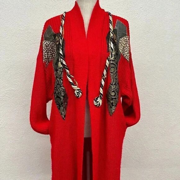 Vintage Focus Red Long Cardigan Sweater Women’s Large - Picture 2 of 13